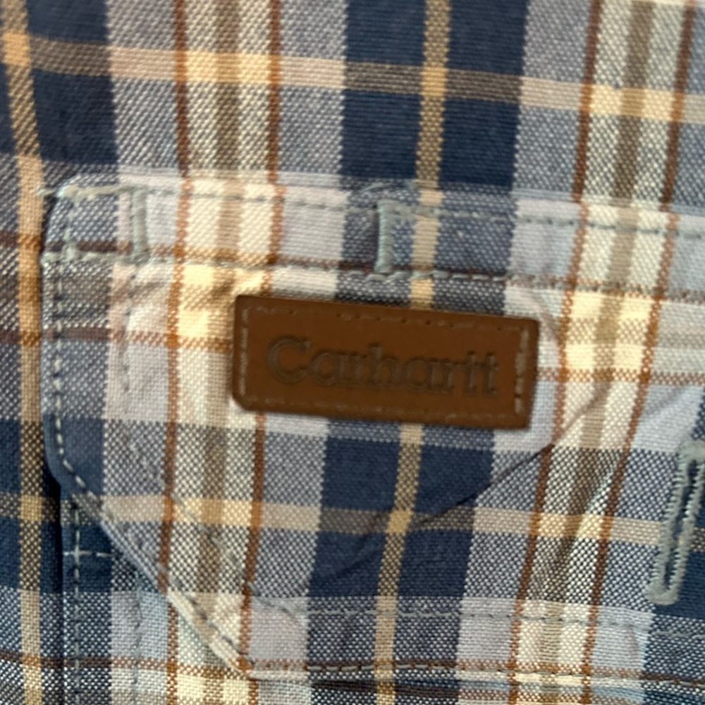 Mens Carhartt Shirt 2XL Button Down Blue Plaid LS 100% Cotton Leather Pocket Tag - Picture 2 of 6